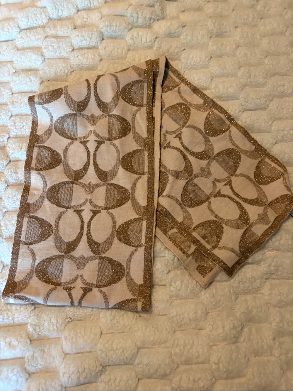 Coach Beige and Brown Signature Scarf with Metallic Trim